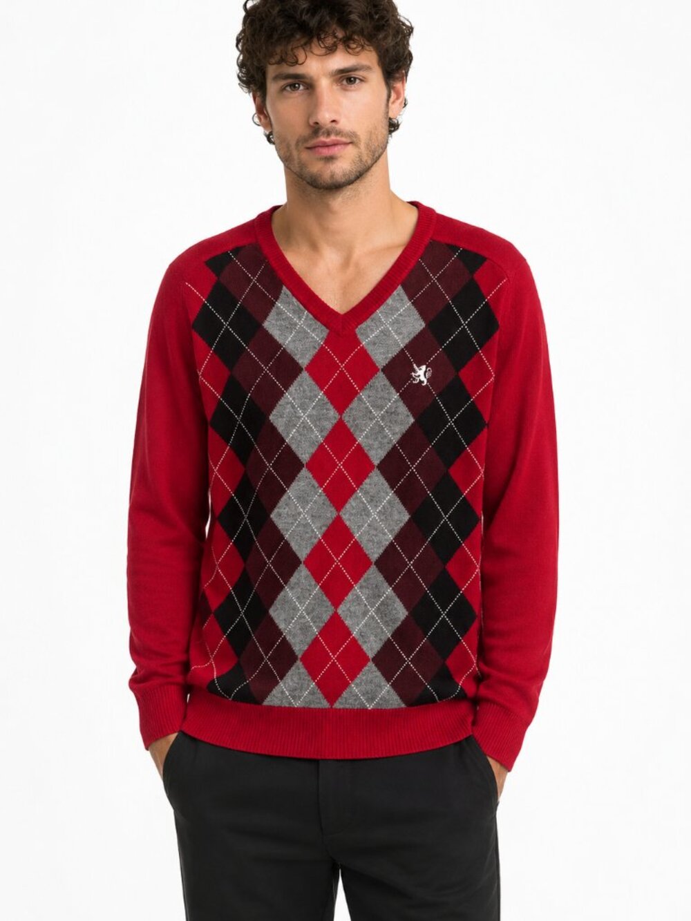 LE 31 Simons 100% Lambswool Argyle V-Neck Sweater Red Grey Large